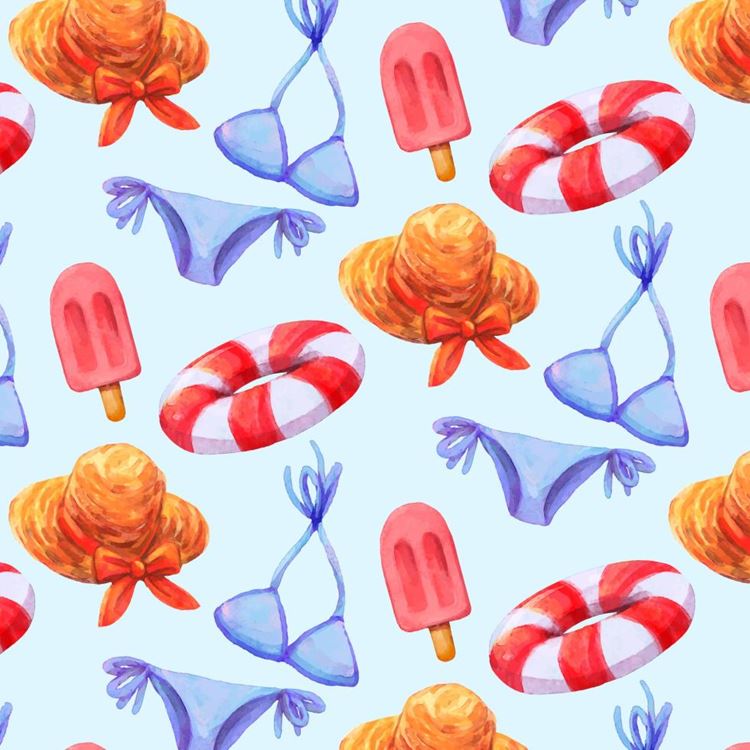 夏季暑假夏天冰淇淋比基尼太阳帽夏日装饰无缝拼接图案素材 Su