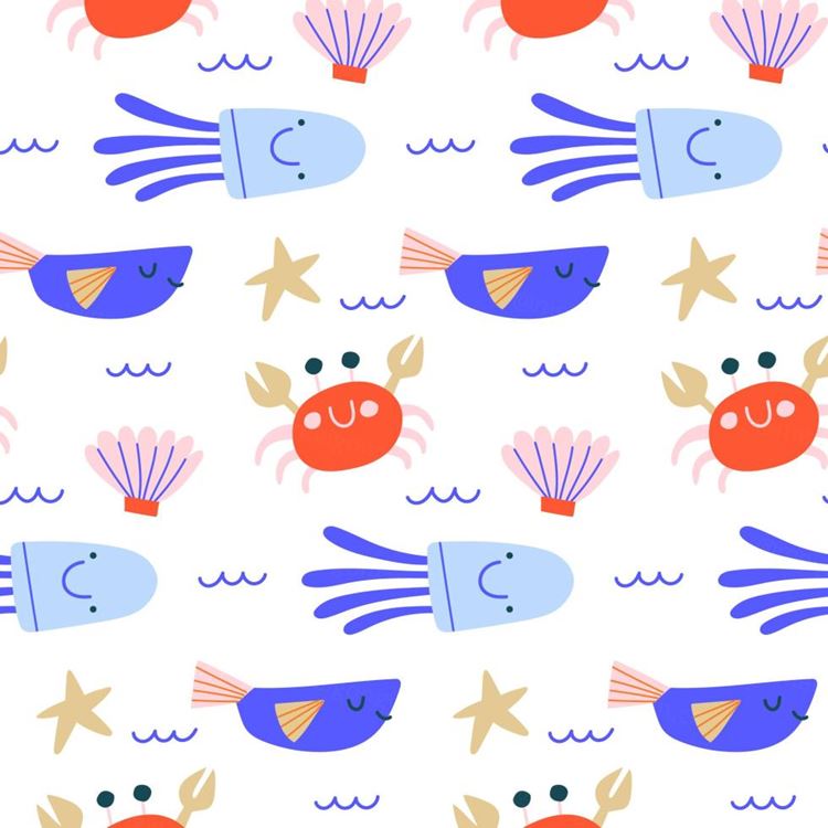 夏季暑假夏天可爱螃蟹海鱼贝壳夏日装饰无缝拼接图案素材 Sum