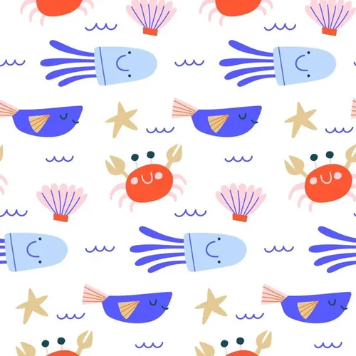 夏季暑假夏天可爱螃蟹海鱼贝壳夏日装饰无缝拼接图案素材 Sum