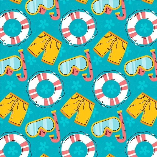 夏季暑假夏天泳裤游泳圈潜水镜夏日装饰无缝拼接图案素材 Sum