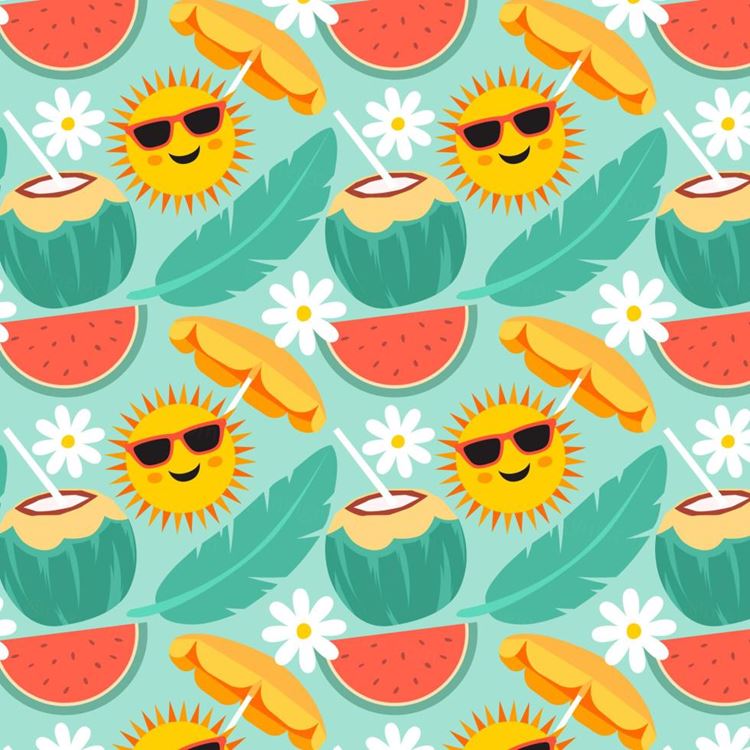 夏季暑假夏天椰汁太阳遮阳伞西瓜夏日装饰无缝拼接图案素材 Su