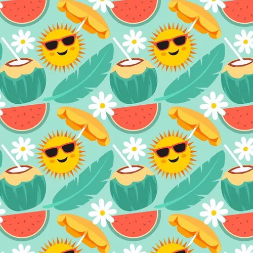 夏季暑假夏天椰汁太阳遮阳伞西瓜夏日装饰无缝拼接图案素材 Su