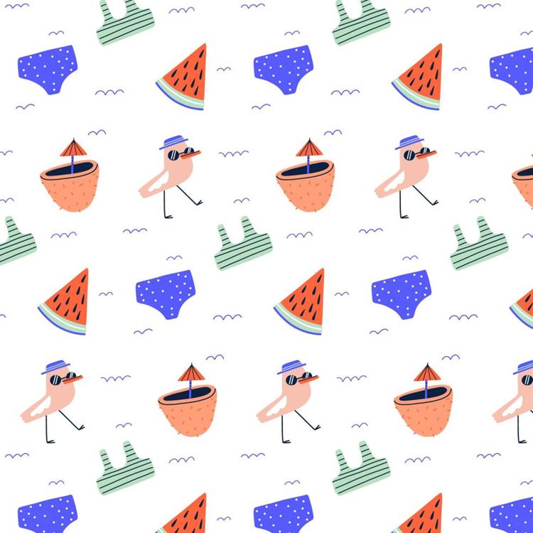夏季暑假夏天可爱西瓜椰汁短裤夏日装饰无缝拼接图案素材 Sum