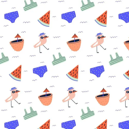 夏季暑假夏天可爱西瓜椰汁短裤夏日装饰无缝拼接图案素材 Sum