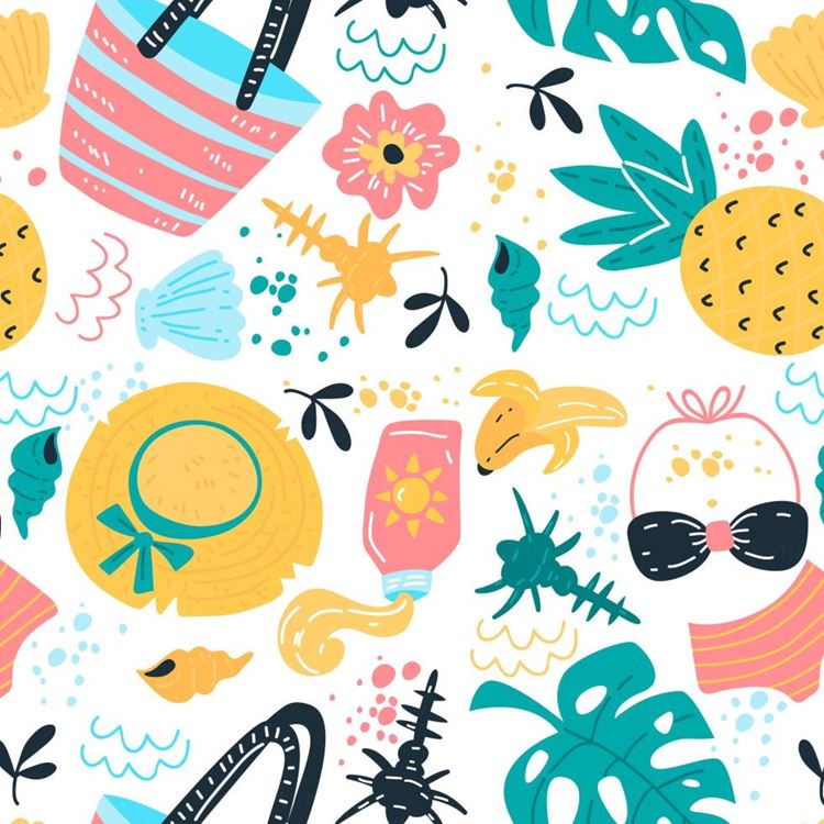 夏季暑假夏天菠萝太阳镜遮阳帽夏日装饰无缝拼接图案素材 Sum