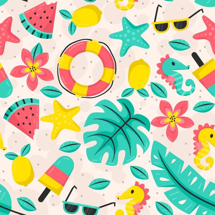 夏季暑假夏天西瓜游泳圈海星海贝夏日装饰无缝拼接图案素材 Su