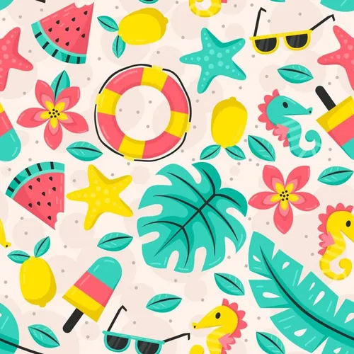 夏季暑假夏天西瓜游泳圈海星海贝夏日装饰无缝拼接图案素材 Su