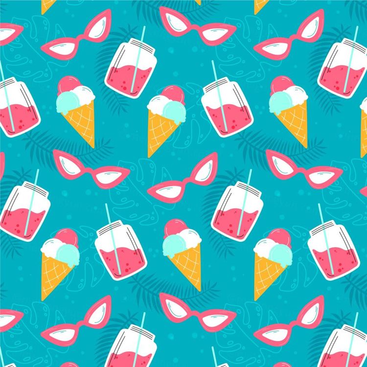 夏季暑假夏天海滩水果饮料火烈鸟夏日装饰无缝拼接图案素材 Su