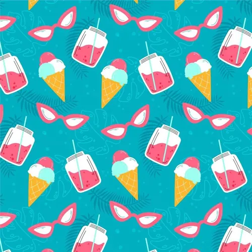 夏季暑假夏天海滩水果饮料火烈鸟夏日装饰无缝拼接图案素材 Su