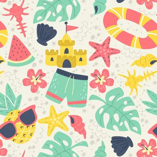 夏季暑假夏天西瓜游泳圈海星海贝夏日装饰无缝拼接图案素材 Su
