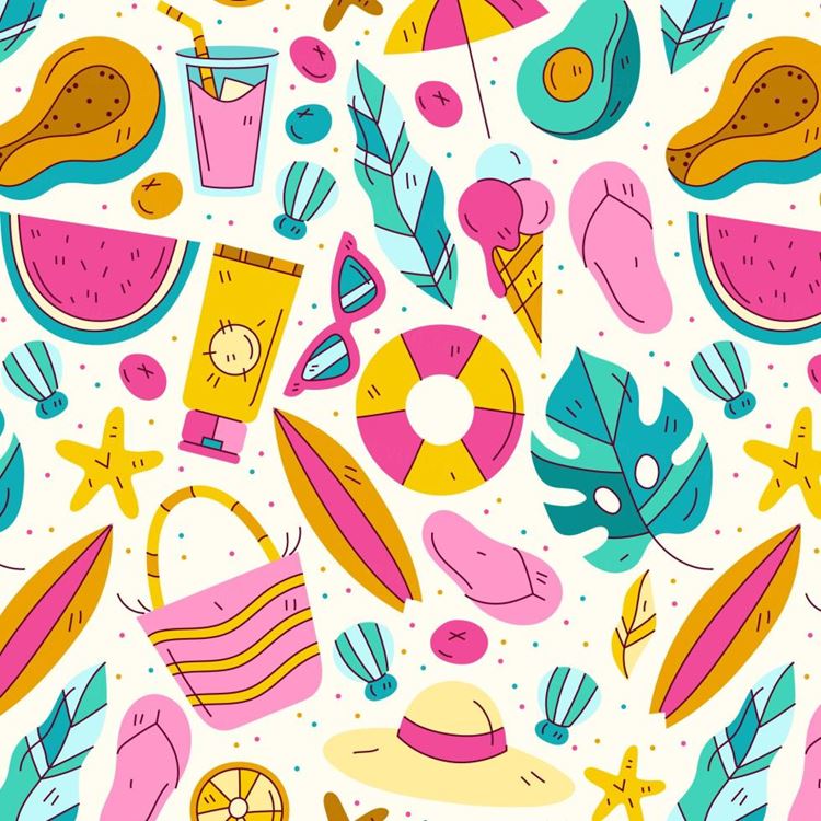 夏季暑假夏天海滩水果饮料夏日装饰无缝拼接图案素材 Summe
