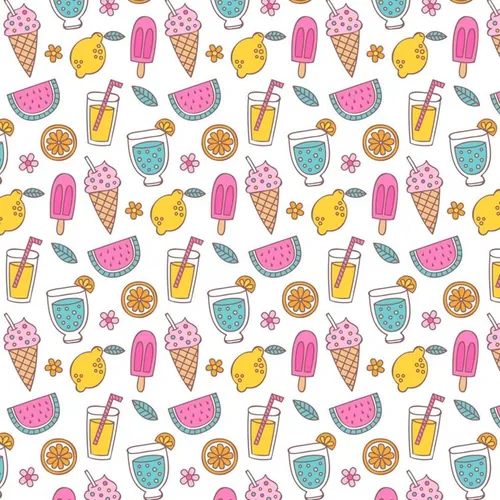 夏季暑假夏天海滩水果饮料火烈鸟夏日装饰无缝拼接图案素材 Su