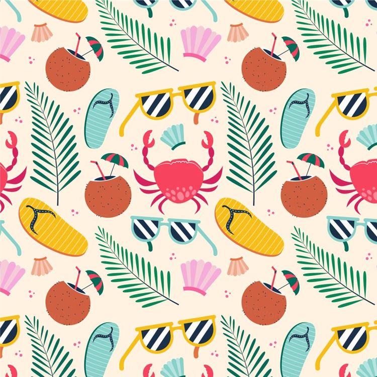 夏季暑假夏天海滩水果饮料火烈鸟夏日装饰无缝拼接图案素材 Su