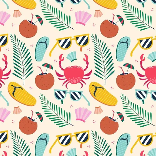 夏季暑假夏天海滩水果饮料火烈鸟夏日装饰无缝拼接图案素材 Su