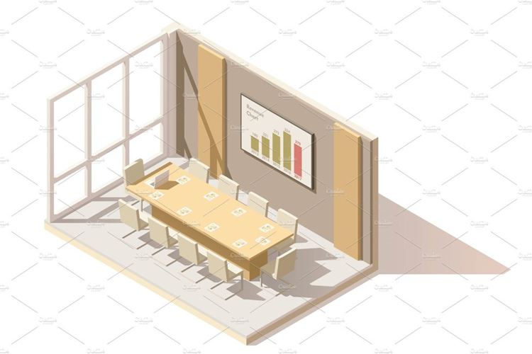 矢量等距低保利办公会议室 isometric low poly office conference room