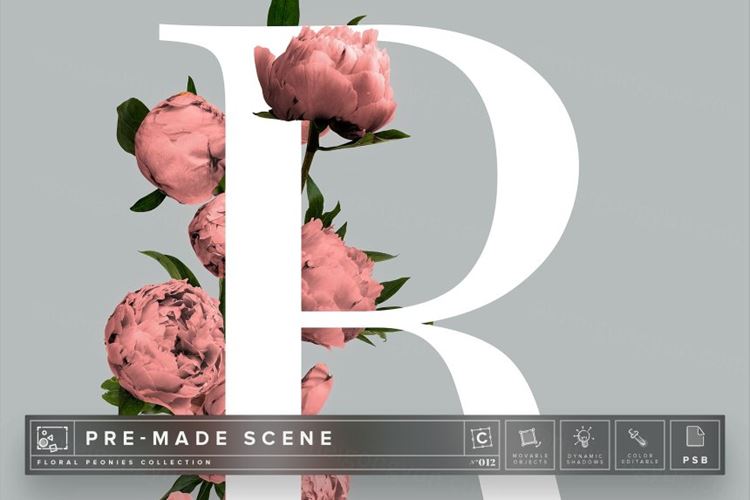 花卉字母场景样机 Floral Peonies Mockup Scene