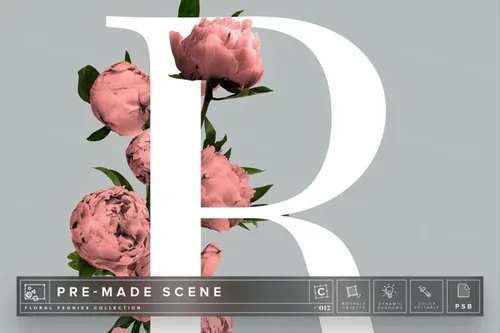 花卉字母场景样机 Floral Peonies Mockup Scene