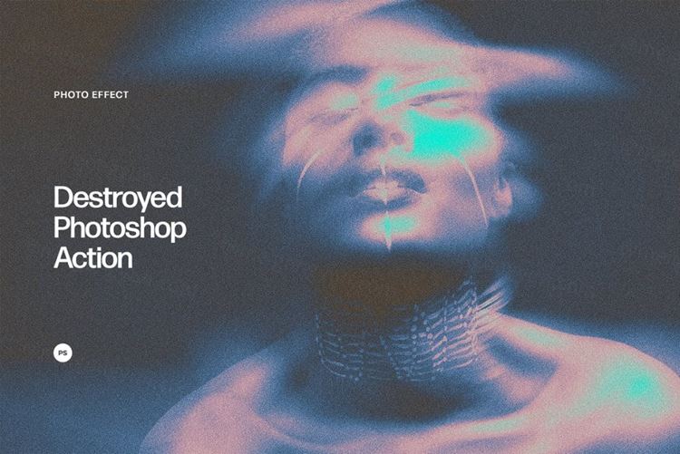 复古霓虹灯鬼魅色彩迷幻故障扭曲噪点照片特效PS动作素材 De