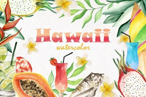 水彩手绘夏威夷热带冲浪鲜花鸡尾酒等夏季元素 Hawaii.