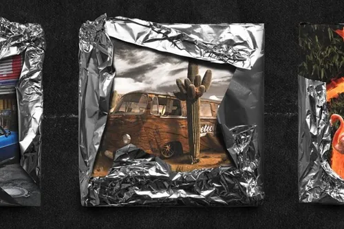 潮流做旧仿旧艺术锡箔纸包裹方形CD包装设计展示样机模板 METALLIC WRAP MOCKUP PACK