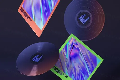 一组逼真漂浮的Psd乙烯基唱片模型样机 Gravity Psd Vinyl Mockup