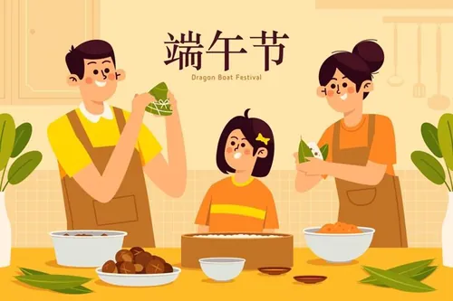 中国传统端午节一家人包粽子温馨场景EPS矢量插画素材