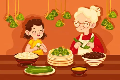 中国传统端午节一家人包粽子温馨场景EPS矢量插画素材