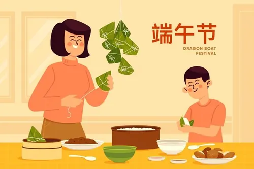 中国传统端午节一家人包粽子温馨场景EPS矢量插画素材