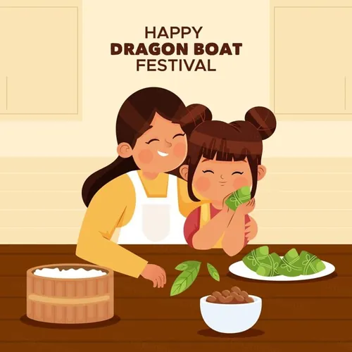 中国传统端午节一家人包粽子温馨场景EPS矢量插画素材