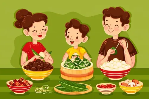 中国传统端午节一家人包粽子温馨场景EPS矢量插画素材