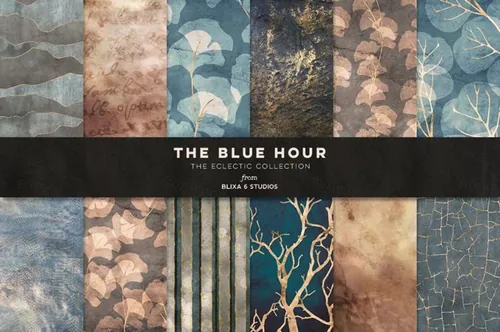 高质量仲冬花朵金色树枝树叶棕色蓝色赤褐色大自然图案 The