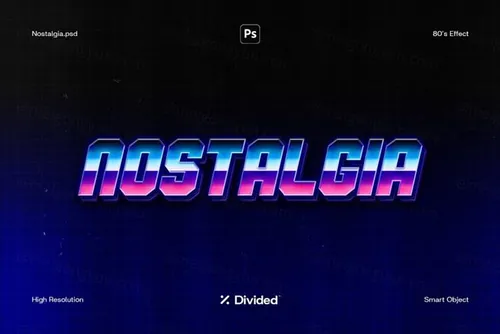 八十年代复古蒸汽波镀铬金属立体字特效PSD模板 Nostal