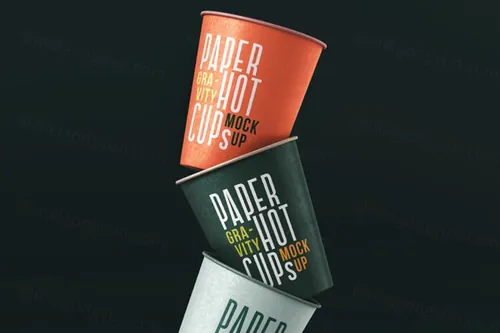 自由飘落的纸杯设计品牌vi贴图展示样机模板 Gravity Paper Cup Psd Mockup