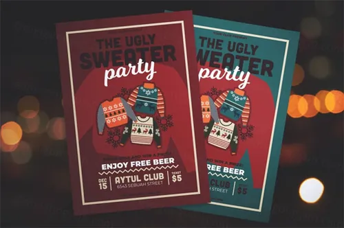 冬天冬季毛衣派对party新年圣诞节宣传单DM海报设计模板ugly-sweater-party-flyer