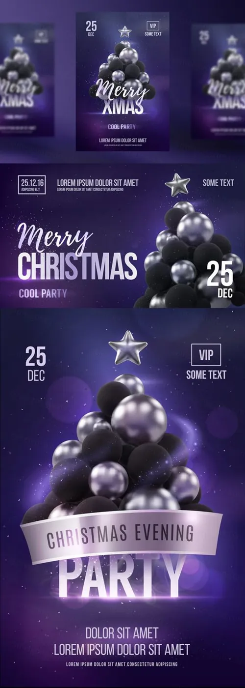 圣诞海报模板与银色圣诞树派对EPS矢量模板