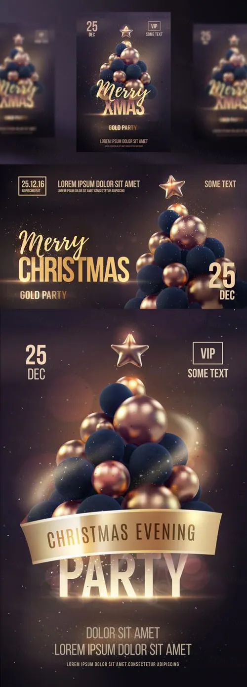 金色圣诞树的新年圣诞海报派对EPS矢量模板