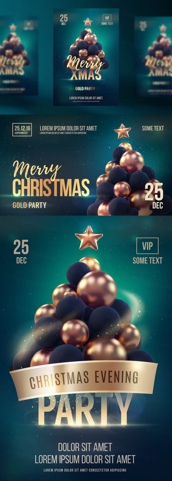 金色圣诞树的新年圣诞海报派对EPS矢量模板