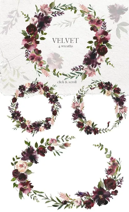 优雅精致手绘水彩花卉剪贴画 Velvet-Watercolo