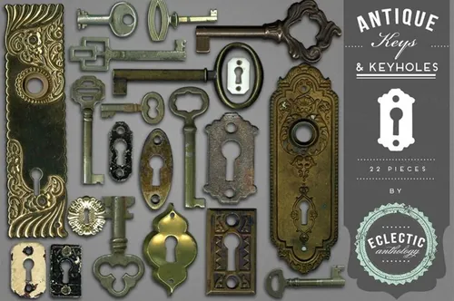 复古金属物件设计素材Antique Keys and Keyholes Graphics