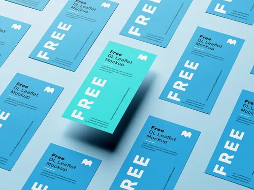 DL传单海报宣传单设计平铺展示样机PSD模板 DL leaflet grid mockup