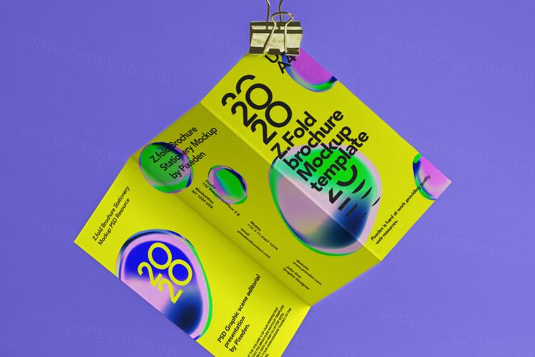 高质量悬浮的折页小册子宣传单设计贴图展示样机 Hanging Z-Fold Psd Brochure Mockup