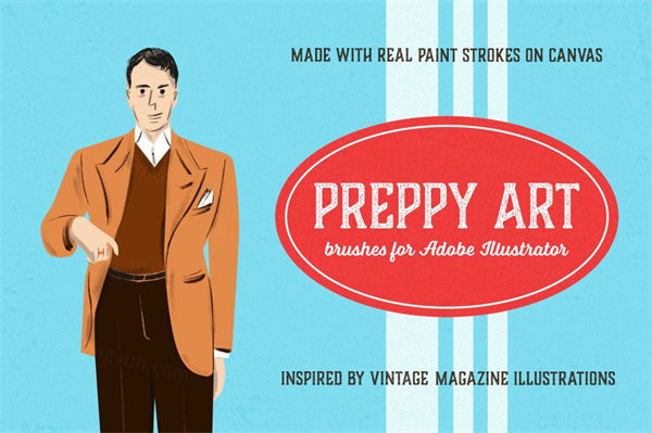 复古艺术家手绘画笔AI笔刷素材 Preppy Art Brushes