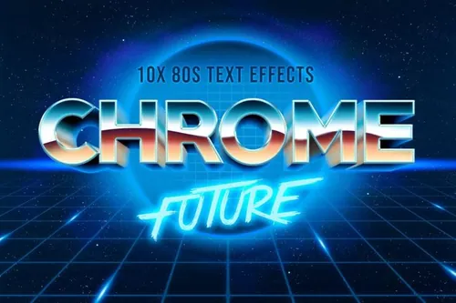 80年代复古金属立体字文本字体特效PSD模板 80s Tex