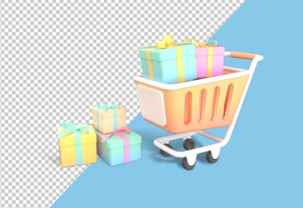 三维立体卡通购物车礼物盒图标元素 Cartoon shoping ca