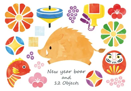 2019年日式水彩手绘传统新年元素矢量素材合集包