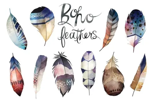 手绘水彩羽毛元素设计素材Watercolor Boho Feathers Vector Set