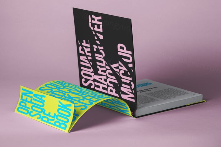 带有防尘套书皮的精装书籍封面设计展示样机模板 Square Psd Book Mockup Dust Jacket