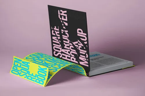 带有防尘套书皮的精装书籍封面设计展示样机模板 Square Psd Book Mockup Dust Jacket