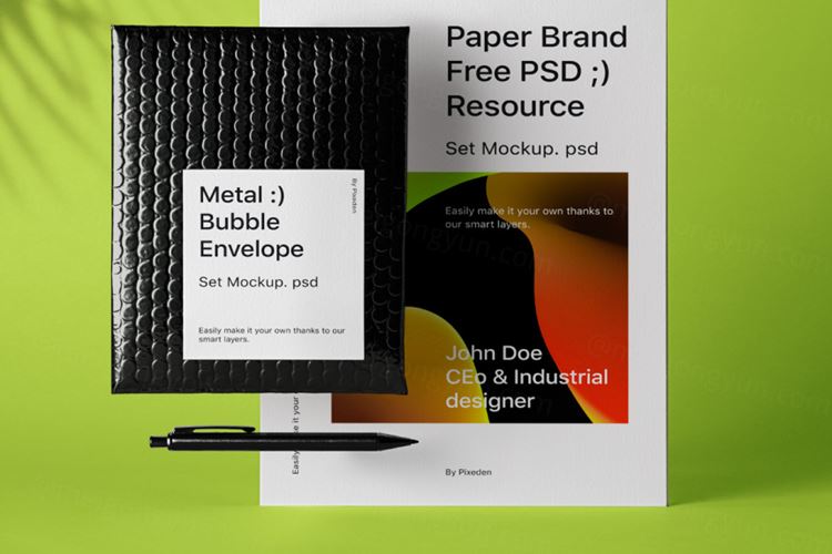 泡沫快递袋A4纸场景展示品牌设计提案样机模板 Stationery Psd Bubble Envelope Mockup