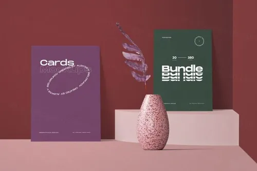 彩色纸张贴图展示样机花瓶场景模板 Color Paper Cards With Vase Mockup V2